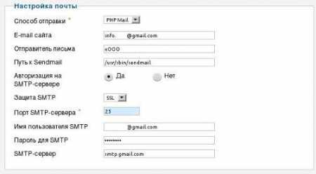 Настройка почты в административной панели или админке Joomla 2.5